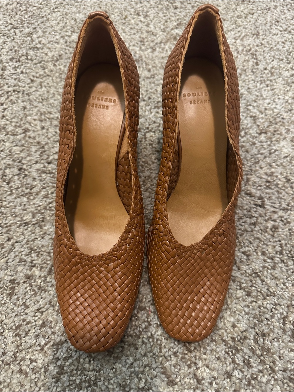 Sezane Woven Leather Block Heels in Brown/tan